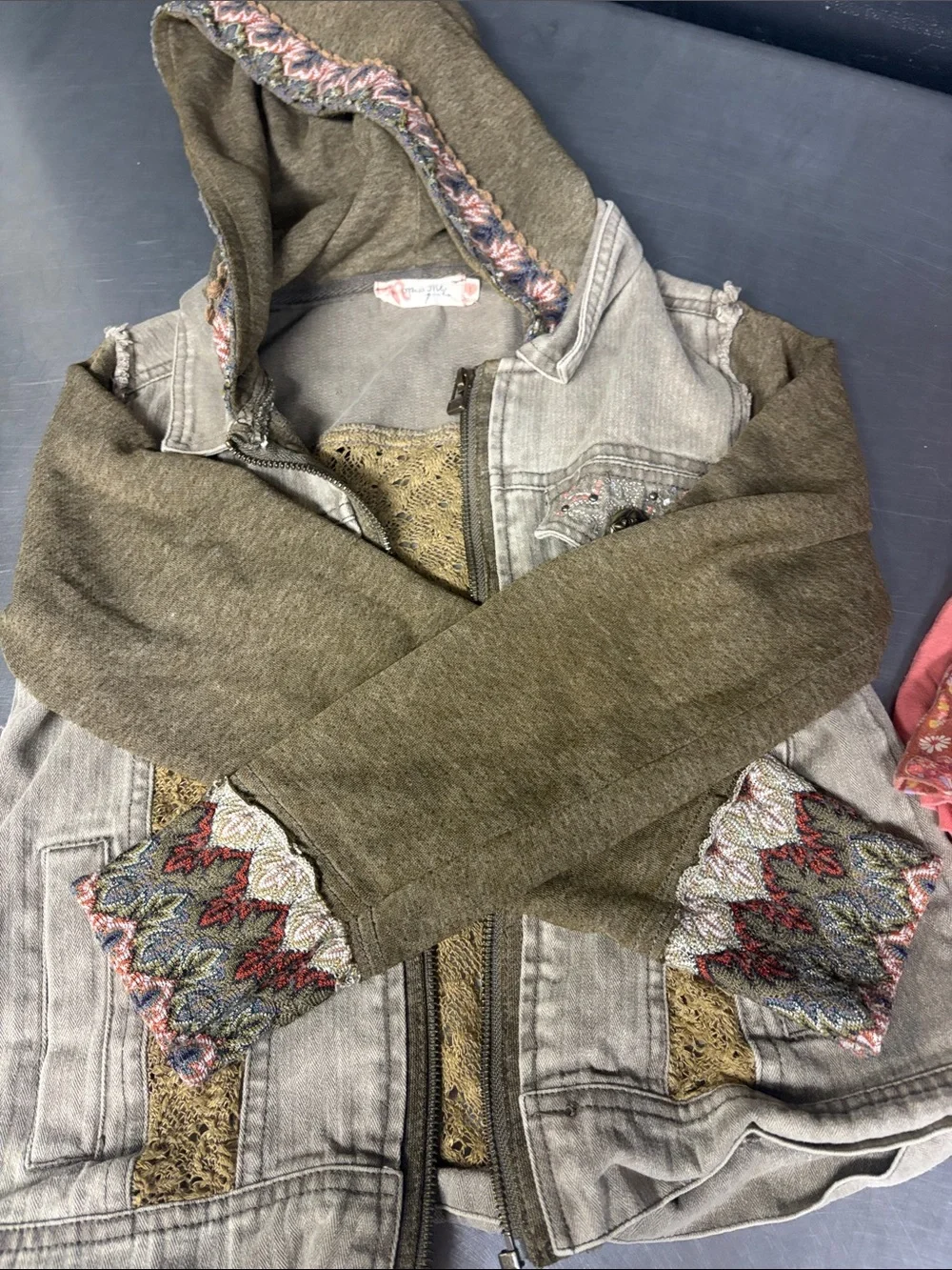 Miss Me Olive Knit-Sleeve Denim Jacket with Lace Panels